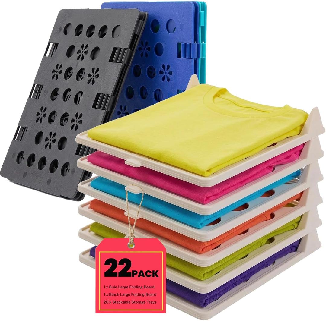 22 Pcs Clothes Organization Set - 2 Large Shirt Folding Board 27" X 23" & 20 Pack Stackable T-Shirt Organizer Trays, Durable Plastic Laundry Folder and Closet Storage System for Shirts, Pants, Towels