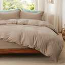 Bedsure Duvet Cover Queen Size with Fitted Sheet - 4 Pieces Prewashed Cotton-Like Polyester Extra Soft Bedding Set, Includes 1 Duvet Cover 90x90 Inches, 2 Pillow Shams, 1 Fitted Sheet, Light Brown