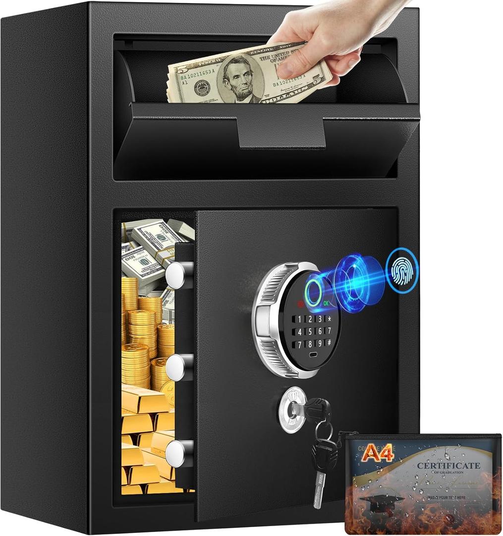 2.8 Cuft Biometric Drop Safe for Business, Anti-Theft Fingerprint Safe Box with Quick Place Drop Slot, Digital Keypad and Spare Key, Depository Safe for Home Office Retail Store Business Mail Church