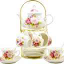 20-Pieces Porcelain Bone china Tea Sets,Gold Rim Coffee Set with Golden Metal Rack,Tea Gift Sets for Home&Party (008)