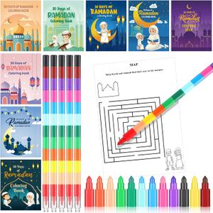 Zhanmai 48 Pcs 30 Days of Ramadan Activity Book Bulk with Stacking Crayons Ramadan Moon Star Holiday Coloring Book Eid Mubarak Coloring Book for Activities Party Favors Supplies Gifts