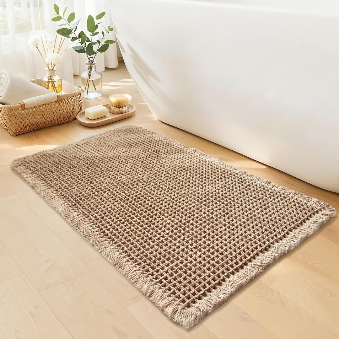 GRLYUH Waffle Bath Mat - Boho Bathroom Rugs Non Slip Washable, Super Absorbent & Quick Dry, Soft Bath Mat Farmhouse Bathroom Decor, 20'' x 32'', Khaki