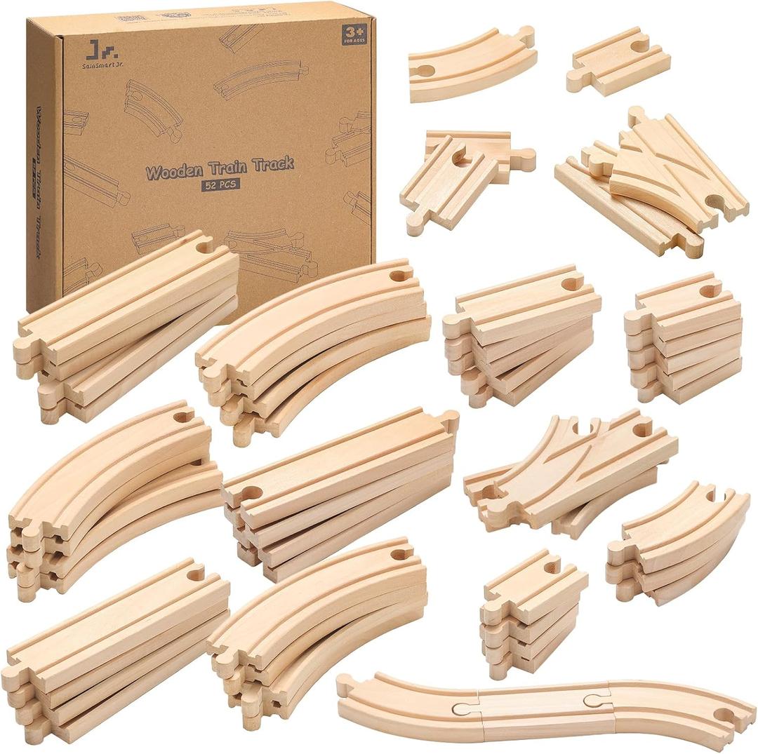 SainSmart Jr. Premium Wooden Train Track Set | 52-Piece Expandable 18FT Wood Railway System | Thomas & Brio Compatible with Storage Box | Ideal Gift for Kids 3-7