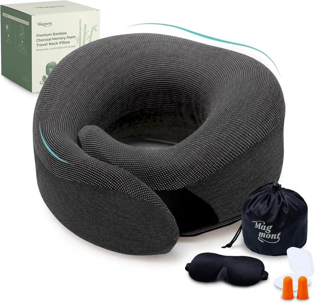 Travel Neck Pillow for Airplanes, 360° Chin Support Memory Foam Travel Pillow for Long Flights, Bamboo Charcoal Memory Foam, Removable Washable Cover, Sleep Mask & Earplugs Included