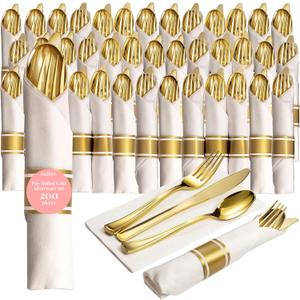 Prestee 200 Pieces Pre Rolled Gold Plastic Silverware Set for 50 Guests - Premium Disposable Silverware Set with Napkins - Wrapped Utensils with Forks, Knives, Spoons, Napkins for Weddings and Events