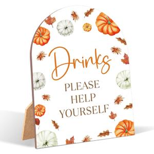 2 x Little Pumpkin Drinks Please Help Yourself Sign for Baby Shower, 6x8 Inch Arch Wooden Sign with Stand, Fall Autumn Baby Shower Table Sign, Gender Neutral Party Decoration - UYL03