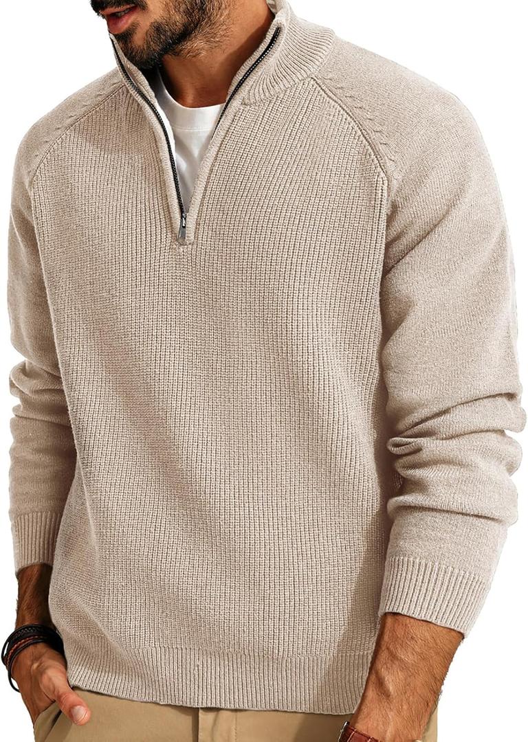 PJ PAUL JONES Mens Quarter Zip Pullover Sweater Turtleneck Raglan Long Sleeve Sweaters (XX-Large, Beige)