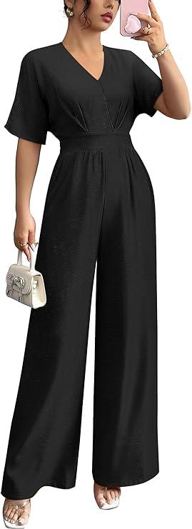 Womens Jumpsuits Dressy Elegant Batwing Sleeve V Neck One Piece Wide Leg Sexy Long Pants Romper Black 2XXL