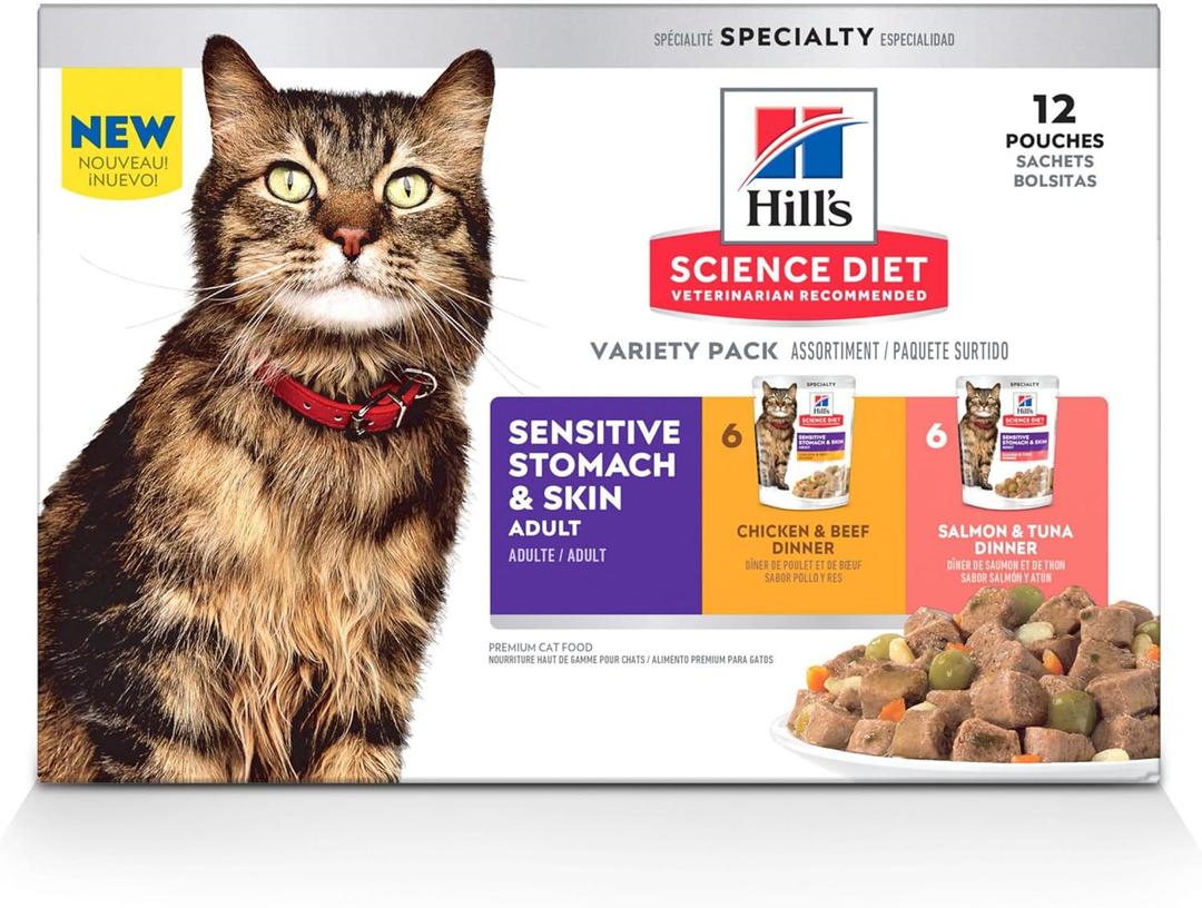 Hill's Science Diet Sensitive Stomach & Skin, Adult 1-6, Stomach & Skin Sensitivity Support, Wet Cat Food, Variety Pack: Chicken & Beef; Salmon & Tuna Stew, 2.8 oz Pouch Variety Pack, Case of 12, BB NOV 18 2026