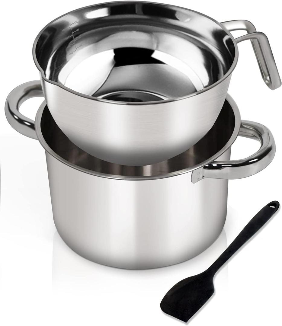 Double Boiler Pot Set,1250ML/1.1QT Mixing Bowl for Chocolate Melting, 2200ML/ 2QT 304 Stainless Steel Pot With Silicone Spatula for Melting Chocolate, Candy, Candle, Soap, Wax