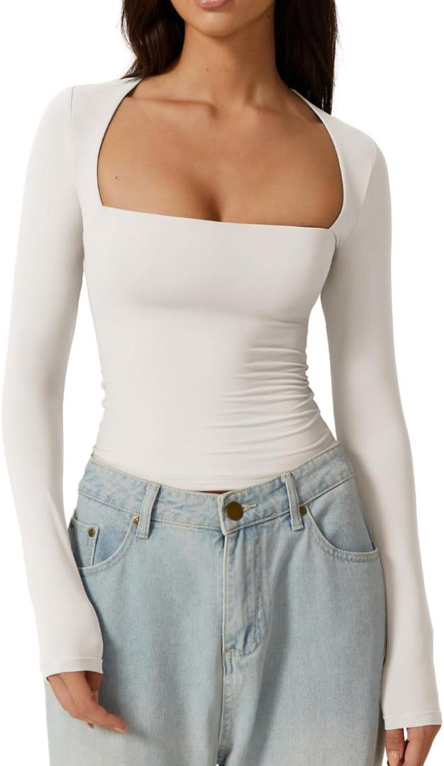 QINSEN Women's Sexy Square Neck Shirt Long Sleeve Double Lined Tees Fitted Going Out Tops (Medium)