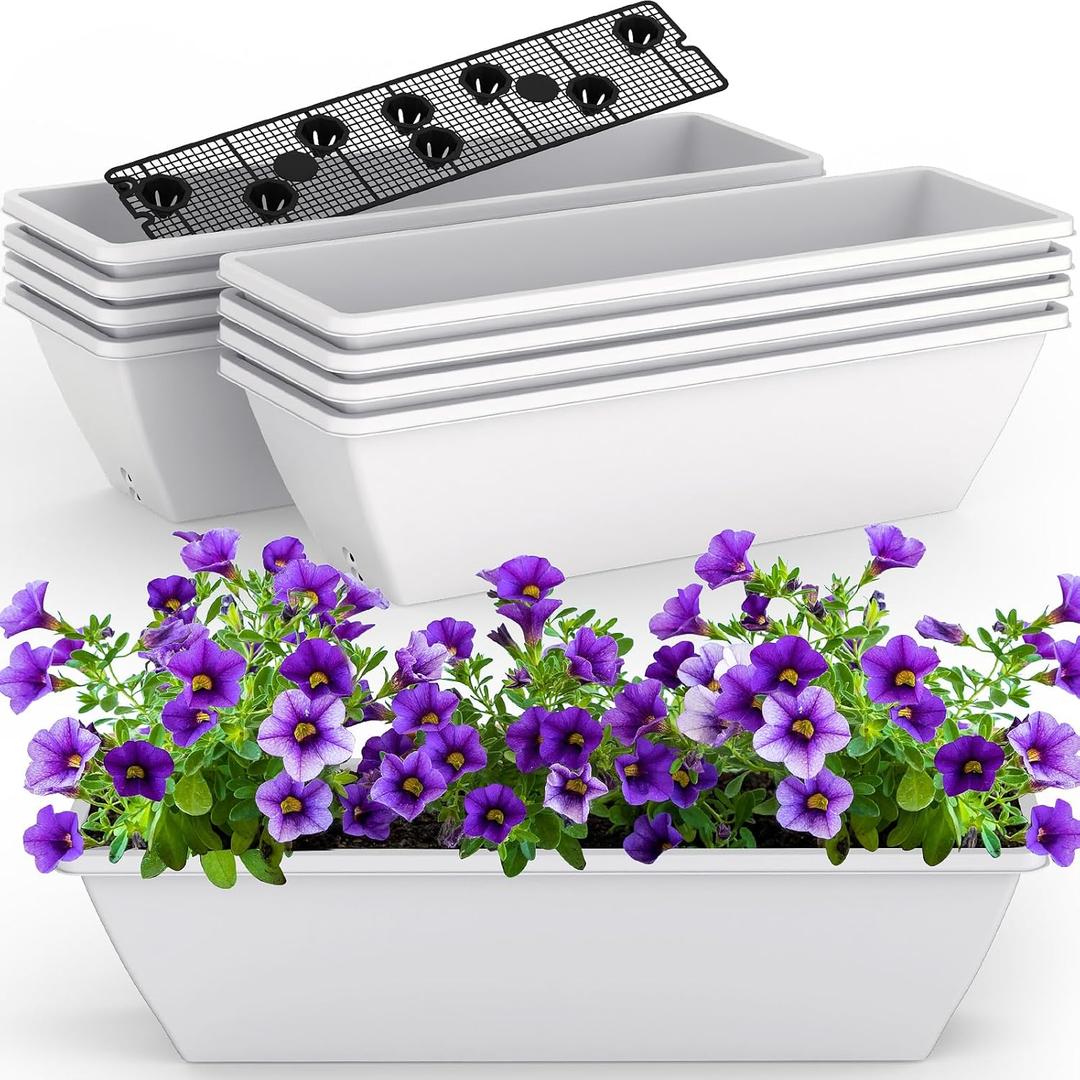 8 Pack 24 Inch Window Planter Box, White Large Plastic Rectangle Flower Planter Boxes with Water Absorbing Net Indoor and Outdoor Flower Pots for Windowsill, Balcony, Patio, Porch (White, 24 Inch)