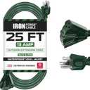 IRON FORGE CABLE 25 Foot Outdoor Extension Cord with 3 Electrical Power Outlets - 16/3 SJTW Durable Green Extension Cable with 3 Prong Grounded Plug for Safety