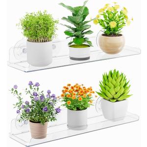 Lifewit Window Plant Floating Shelves 14.6x3.6, 2 Pack Acrylic Suction Cup Shelf, Window Sill Extender for Indoor Succulent Plants, Micro Greens, Seed Starter Pots, Herb Planters 37 x 9 cm/14.6x3.6
