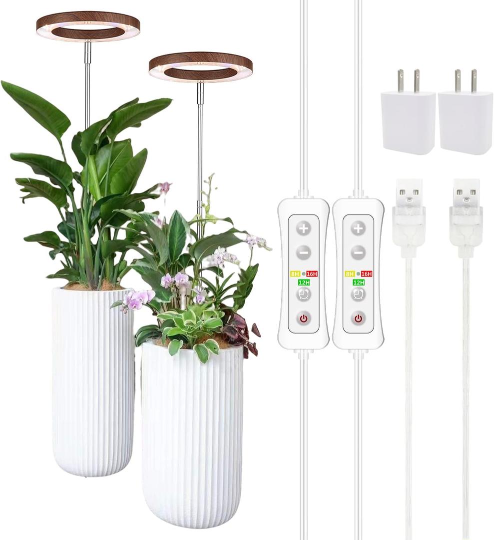 yadoker Plant Grow Light, LED Growing Light Full Spectrum for Indoor Plants,Aluminum Walnut Wood Grain Plant Lights,Height Adjustable, Automatic Timer, 5V Low Safe Voltage,Idea for Large Plant Light (2 Pack)