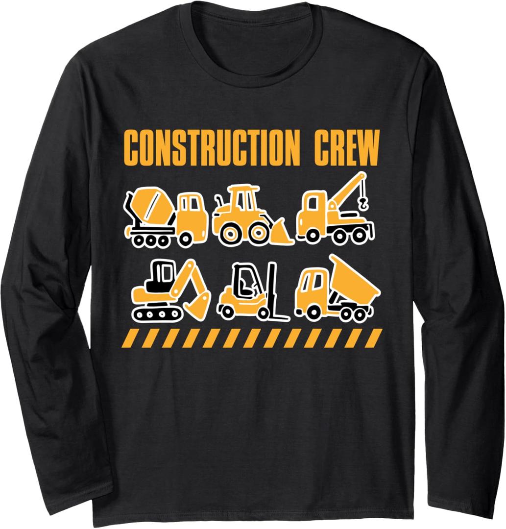 Construction Crew Vehicles Birthday Theme Party Long Sleeve T-Shirt, L, Black