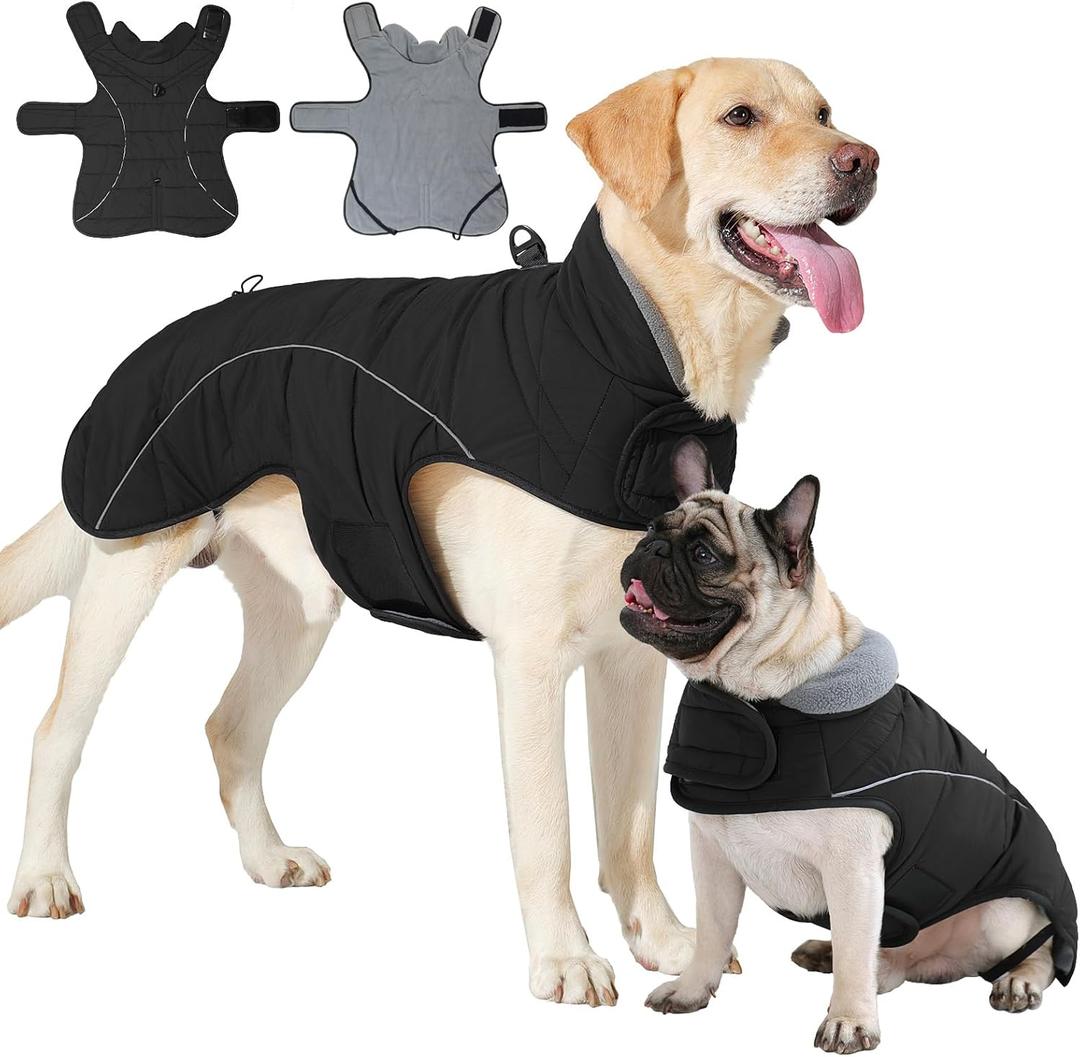 HEYWEAN Dog Winter Coat - Waterproof Windproof Reflective Vest for Medium & Large Breeds Adjustable Warm FleeceLined Jacket with Magic Tape & D-Ring for Leash Cold Weather Apparel (Black, XXX-Large)