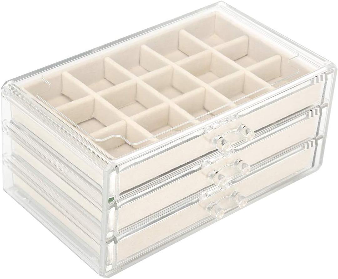 FEISCON Acrylic Jewelry Organizer Makeup Cosmetic Storage Organizer box Clear Jewelry Case with 3 Drawers Adjustable Jewelry Box Velvet Trays grid size