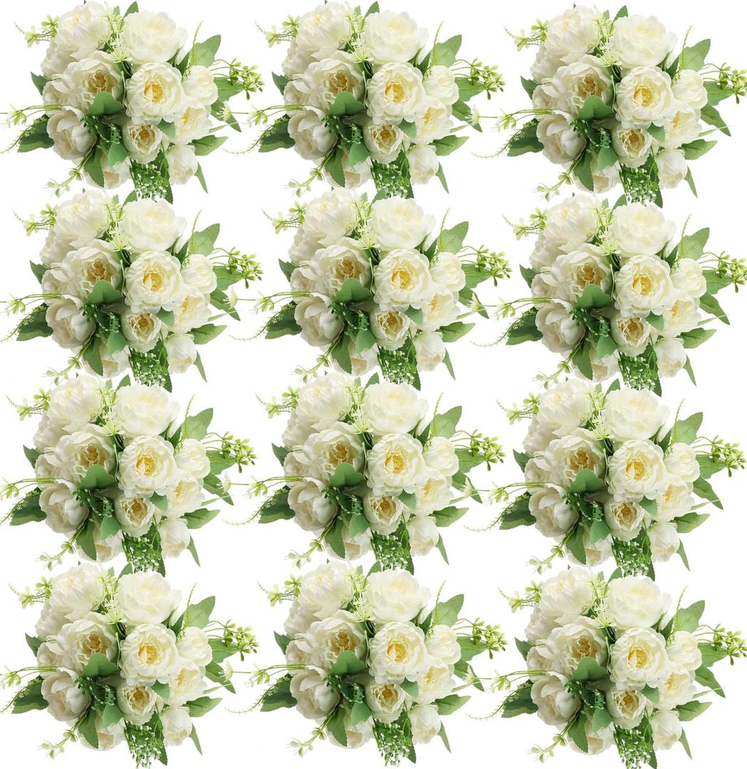 12 Bundles Peonies Artificial Flowers Artificial Peonies Silk Flowers Fake Peonies Artificial Flowers Wedding Home Table Decoration Realistic Peonies Bouquet for Centerpiece Table (White) (Set of 12 12-inch Peony Bouquets)
