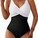 Pink Queen Women One Piece Swimsuit 2026 Patchwork Twist Front V Neck Ruched Tummy Control Swimwear Bathing Suits, Large