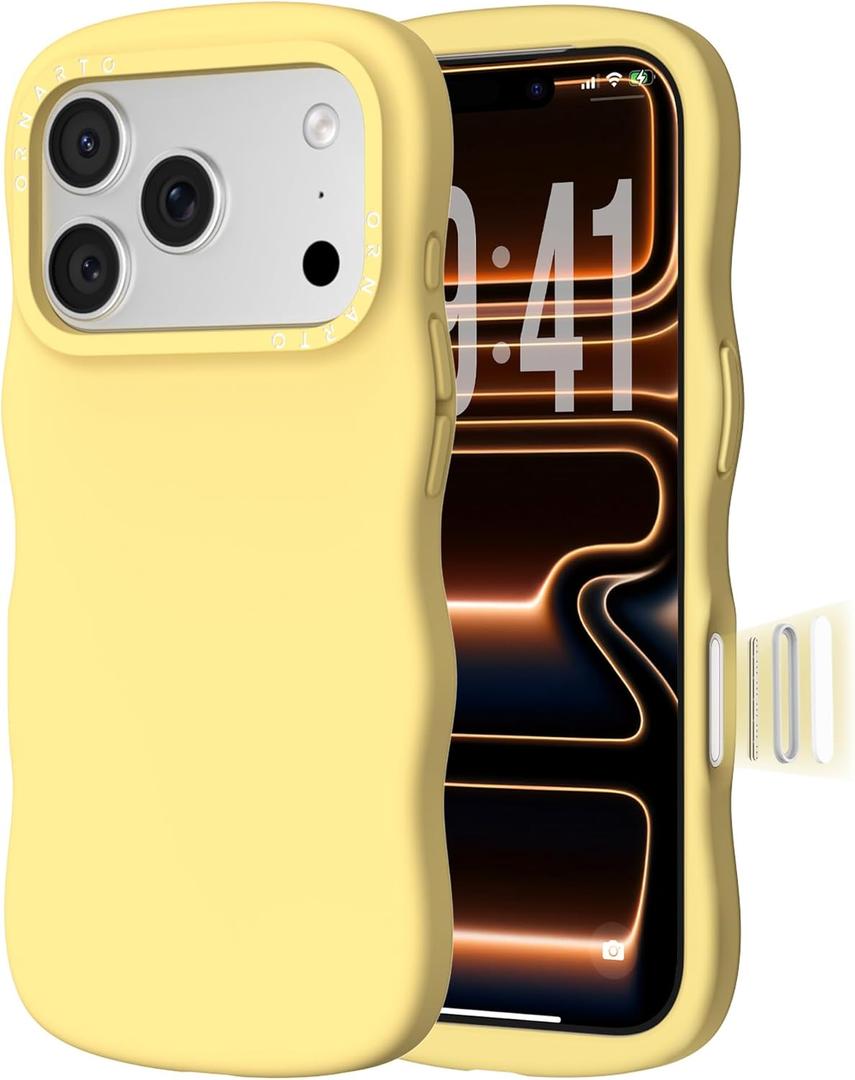 ORNARTO for iPhone 17 Pro Case 6.3", Wavy Liquid Silicone Shockproof Drop Protection Cover with Camera Control Button, Skin-Friendly Microfiber Lining Buttercream, Yellow