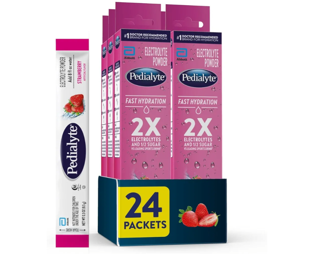 Pedialyte Fast Hydration Electrolyte Powder Packets, Strawberry, Hydration Drink, 24 Single-Serving Powder Packets, No BB Date