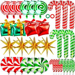 36 Pcs Christmas Balloons Decoration Set Red Green Gift Box Candy Cane Foil Balloons for Christmas Theme Decorations New Year Party Decorations