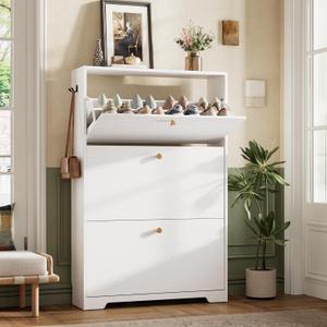 Nicetree Shoe Cabinet with 3 Flip Drawers, Narrow Shoe Organizer Cabinet, Freestanding Shoe Rack Cabinet, Morden Shoe Storage Cabinet for Entryway, Hallway, Foryer, White