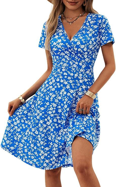 MSBASIC Sundresses for Women 2024 V Neck Summer Dress Short Sleeve Casual Dresses Vacation(Floral-119, Large)
