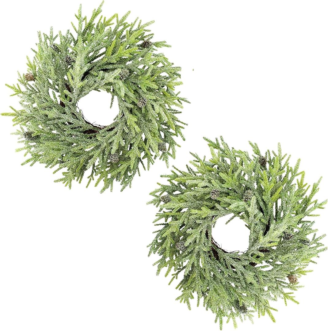 AuldHome Design Artificial Christmas Wreaths (2-Pack, 14-Inch); Evergreen Flocked Greenery w/Pinecones for Doors, Stairways and Windows, Indoor/Outdoor