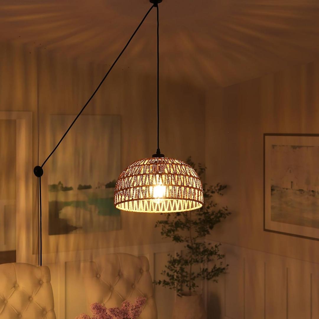 Boho Rattan Pendant Lamps with Plug in Cord for Living Room, Wall Mounted Hang Lighting for Bedroom, Brown Wicker Round Lampshade with E26 Socket