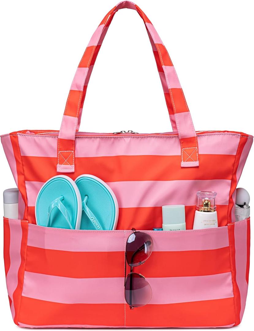 Bluboon Waterproof Beach Tote Pool Bags for Women Ladies Extra Large Carry On Bag With Wet Compartment for Weekender Travel (Rose Pink Stripe)