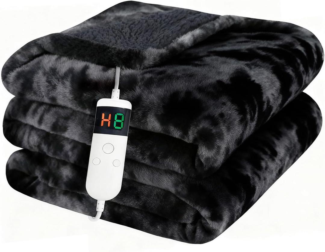 Electric Heated Blanket Throw 50''x60''Size Faux Fur Heating Blanket 10 Heating Settings, 1-8h Timer & Overheat Protection, Machine Washable, Soft Flannel and Sherpa Full Body Warmth
