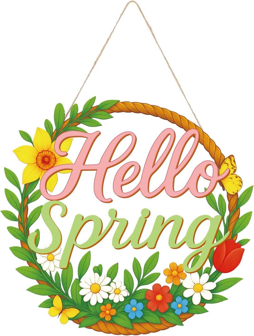 Spring Decoration Door Wreath, Wooden Hollow Floral Hello Spring Sign for Front Door Wall Sign Home Decor Farmhouse Wall Hanging Indoor Outdoor Party Supplies
