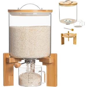 Glass Rice Dispenser 5L, Cereal Dispenser Countertop, Grain Dispenser/Food Storge Container for Kitchen and Pantry Organization, Cereal Dispenser with Bamboo Holder
