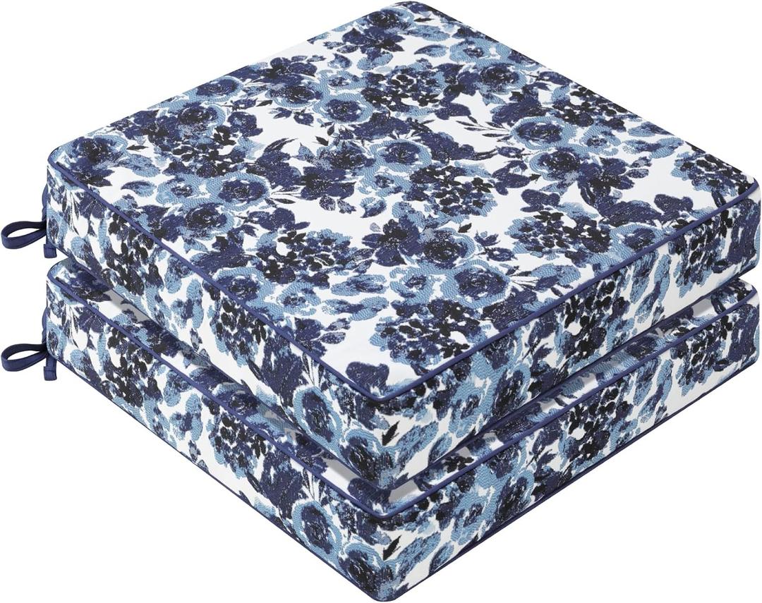 Favoyard Outdoor Chair Cushion 19 x 19 x 3 In Waterproof Pattern Fade Resistant Cushions for Patio Furniture with Removable Cover Attach Straps 28D Foam Insert Cushions Pads for Seat Sofa Couch 2 Pack