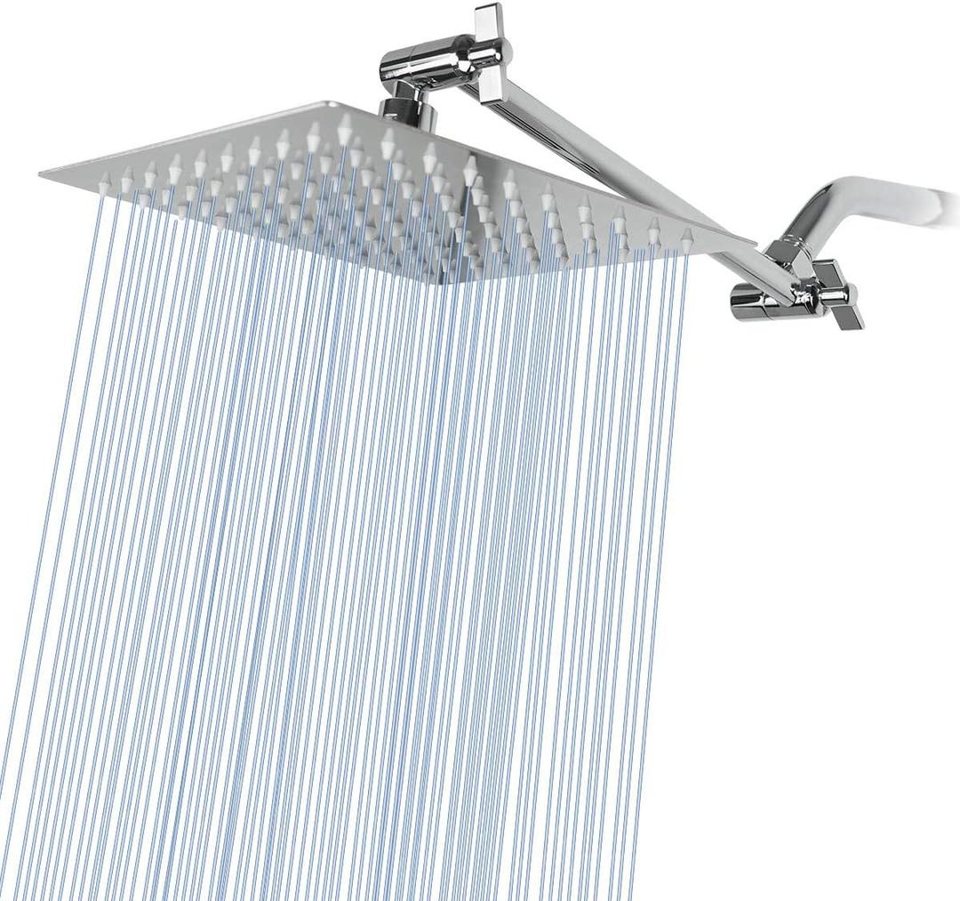 Rain Shower Head with 11 Adjustable Extension Arm, Large Stainless Steel High Flow Rainfall Square Shower head, Bath Shower Waterfall Full Body Coverage (8 Inch Showerhead with Arm, Chrome)