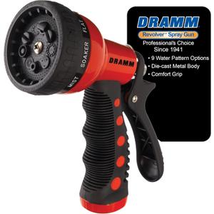 Dramm Revolver Heavy Duty Metal Garden Hose Nozzle 9 Spray Patterns, High Pressure Jet, Thumb-Control Flow, Ergonomic Grip Red