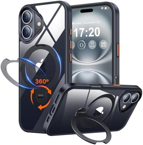 PuyaTeya 360° Rotatable Magnetic Stand for iPhone 16 Case Compatible with Magnetic 16FT Military Drop Protection, Anti-Scratch/Fingerprint Shockproof iPhone 16 Phone Case(Clear-Black)