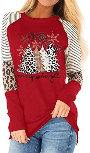 Christmas T Shirt Womens Merry and Bright Shirt Xmas Leopard Print Tree T-Shirt Holiday Graphic Tee Tops, Medium