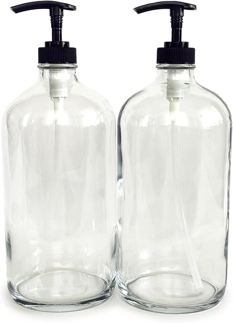 Vivaplex, 2, Large, 32 oz, Empty, Clear Glass Bottles with Black Lotion Pumps