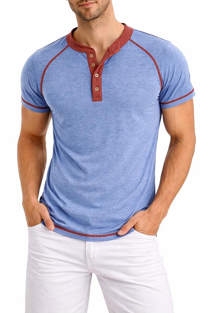 AlRithms Men's Short Sleeve Henley T-Shirt (US, Alpha, Medium, Regular, Regular, Light Blue)