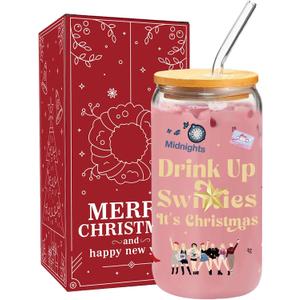 Funny Christmas Glass Cup for Women, 16 oz Glass Cup with Lid and Straw, Coffee Drinking Glass Tumbler Party Supplies, Singer Merch White Elephant Gifts Stocking Stuffers for Girls Sister Daughter