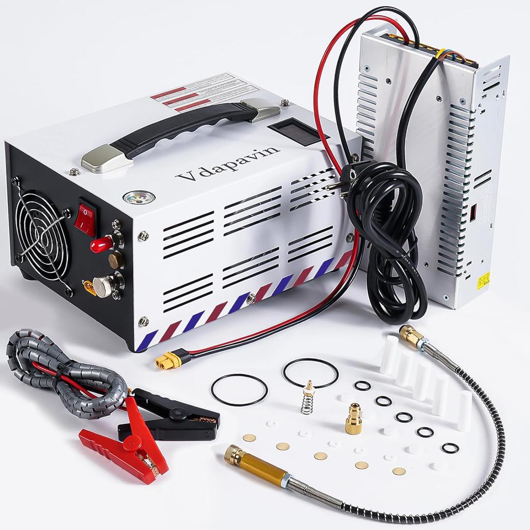 PCP air compressor, 4500 Psi/30 Mpa, 12V DC/110V AC, built-in cooling fan, equipped with external power adapter, suitable for scuba tanks, paintball shooting, air gun compressor