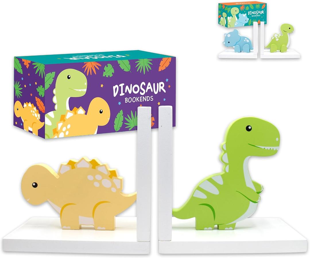 Decorably Stego and Trex Dinosaur Book Ends for Kids Books - 1 Set Non-Skid Vibrant Wooden Kids Bookends for Boys, Dinosaur Bookends - Nursery, Classrooms