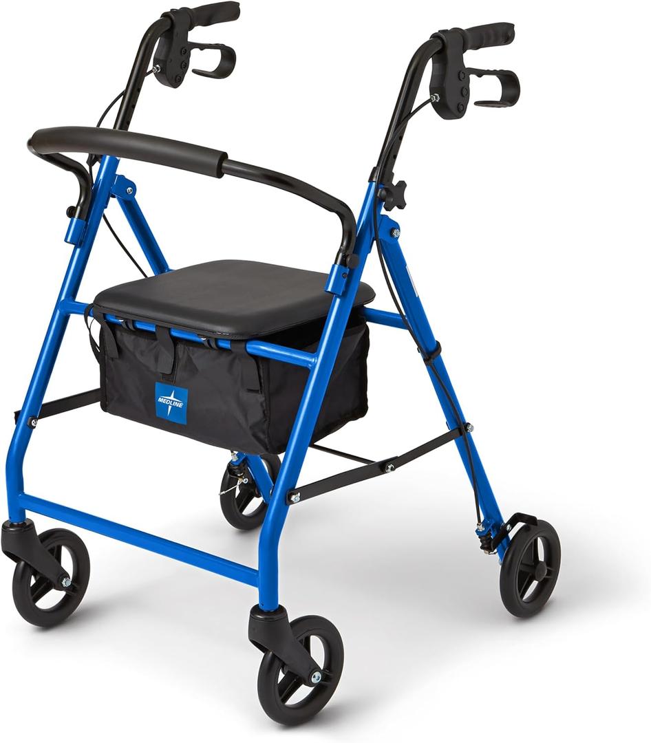 Medline Steel Rollator Walker for Adult Mobility Impairment, Blue, 350 lb. Weight Capacity, 6 Wheels, Foldable, Adjustable Handles, Rolling Walker for Seniors