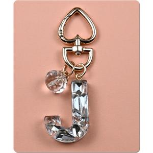 Initial Letter Keychain Bling Gifts for Women Girls Backpack Bag Charm Accessories Cute Heart Crystal wallet Car keyring (J-white)