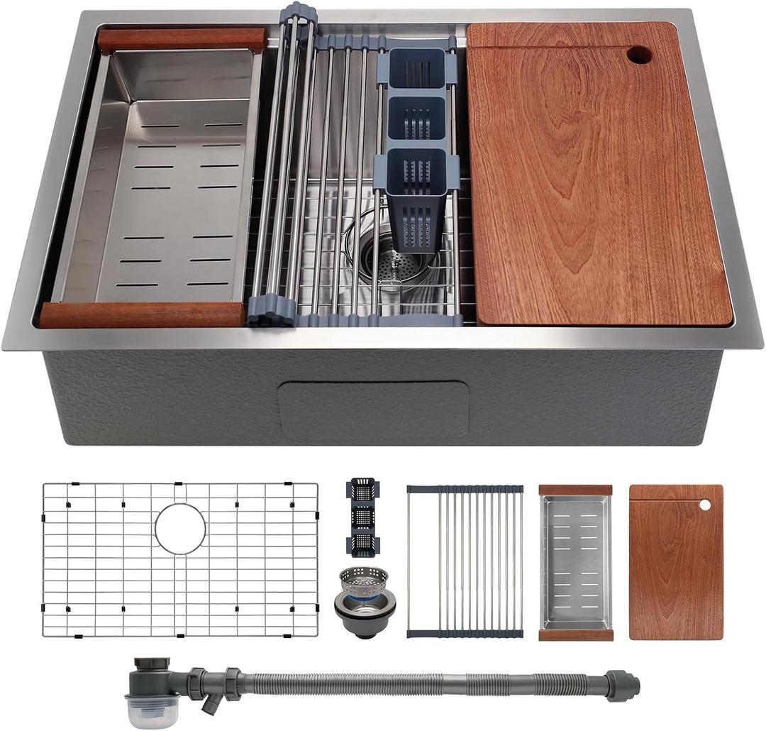 32" x 19" Multifunctional Undermount Workstation Kitchen Sink S304 Stainless Steel Handmade Modern Single Bowl Kitchen Sink with Accessories and Integrated, 32" x 19" x 10" Undermount Sink
