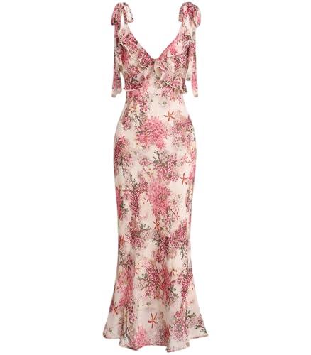 RIHOAS Women's Tie-Strap Layered Ruffle Floral Midi Sundress - Elegant Semi-Formal Dress for Bridesmaid, Wedding Guest & Party| Pink Spring Summer - XS