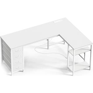 Huuger 55 Inch L Shaped Desk with Fabric Drawers, Reversible Computer Gaming Desk with Power Outlets and USB-C Port, Adjustable Side Storage Shelves, for Work Study Corner Home Office, White